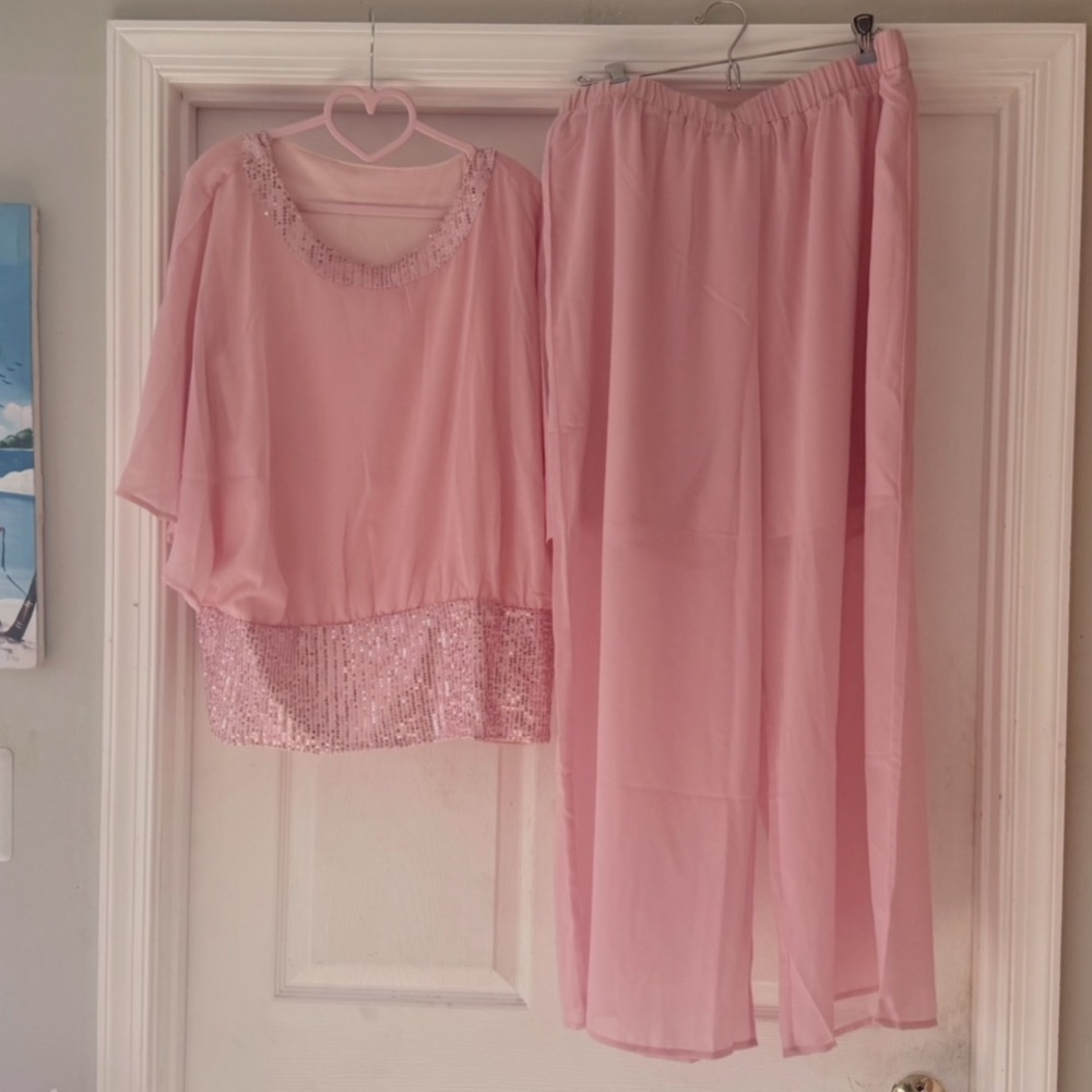 Elegant Sheer pink outfit Set with sequins size xxl